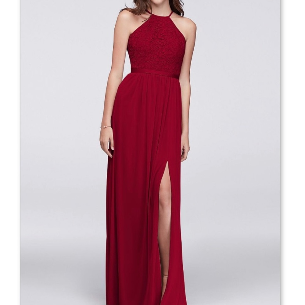 David’s Bridal Open Back Lace and Mesh Bridesmaids Dress in Apple